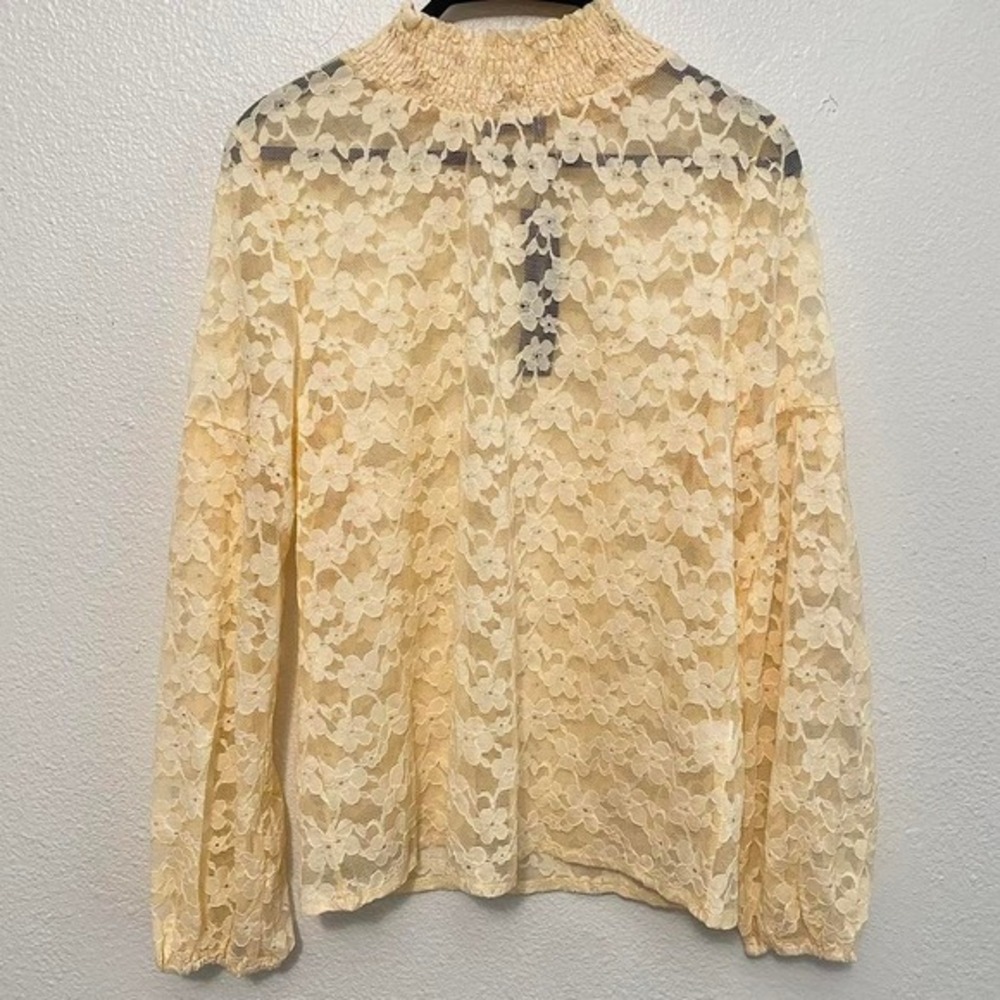 Women's Sheer Floral Lace Mock Neck Cream Top Going Out Fairy Coquette Feminine